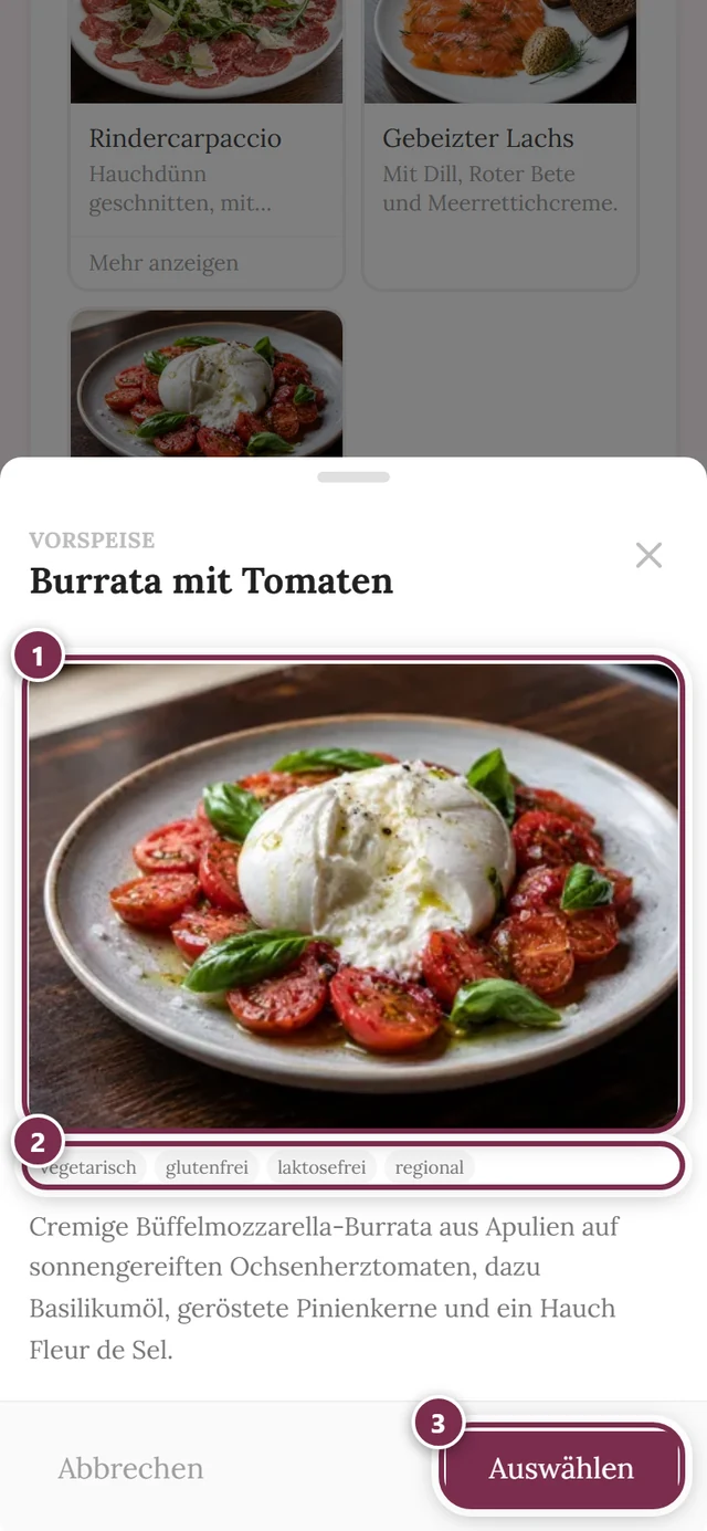 Großansicht eines Gerichts mit Foto, allen Hinweisen und dem Knopf Auswählen