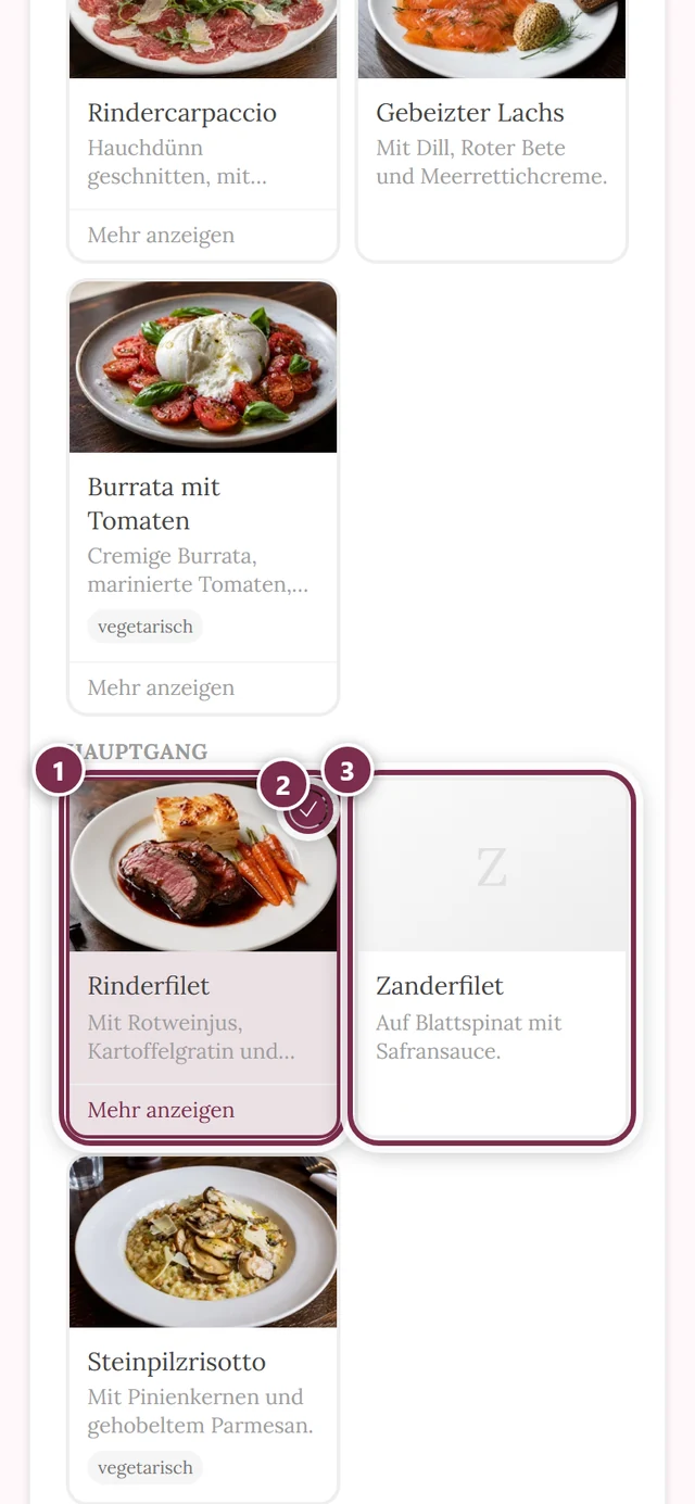 Hauptgang mit einem ausgewählten Gericht samt Häkchen und einem nicht gewählten Gericht darunter