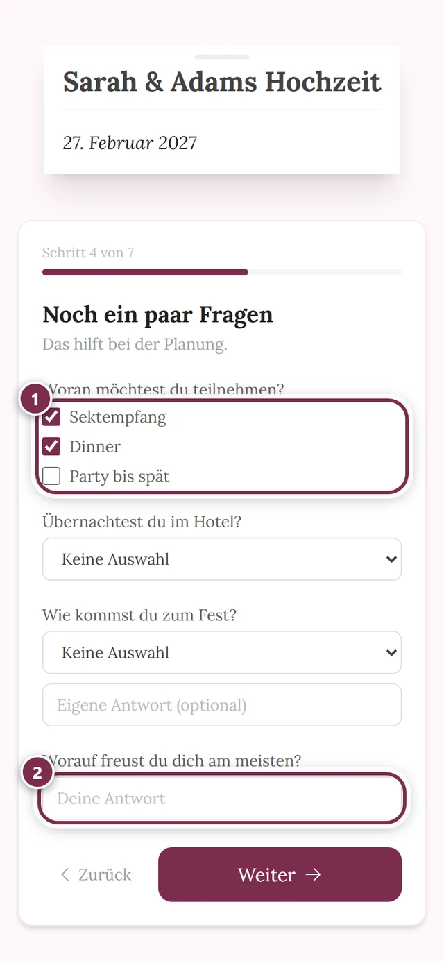 Mehrfachauswahl mit angekreuzten Kästchen und darunter eine Freitextfrage