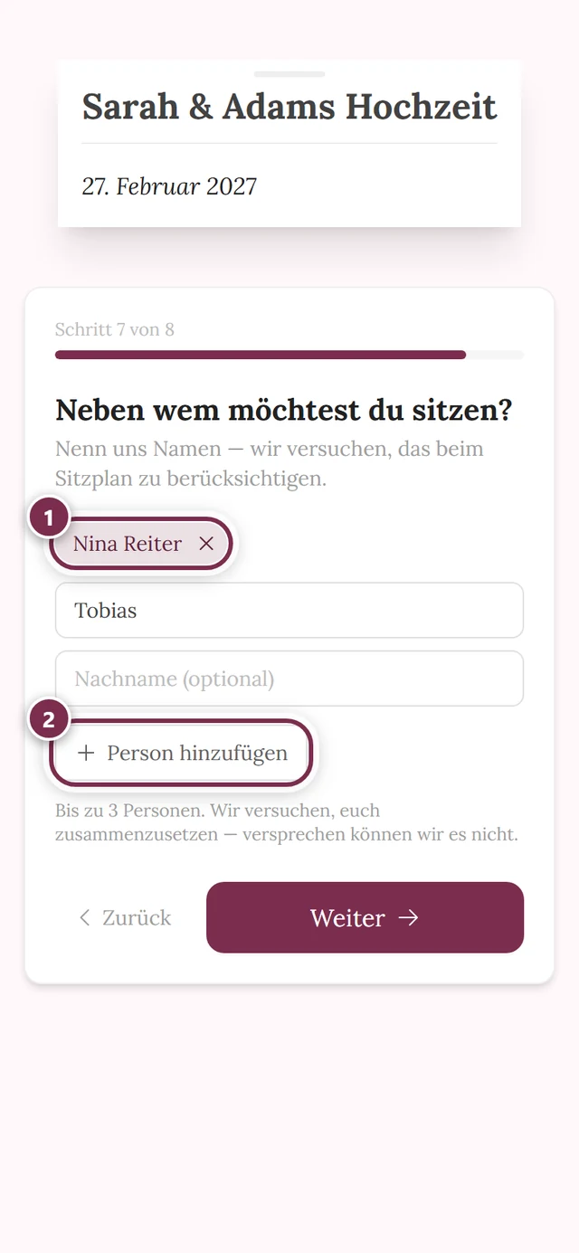 Schritt Neben wem möchtest du sitzen mit einem Chip und einem halb ausgefüllten Namensfeld