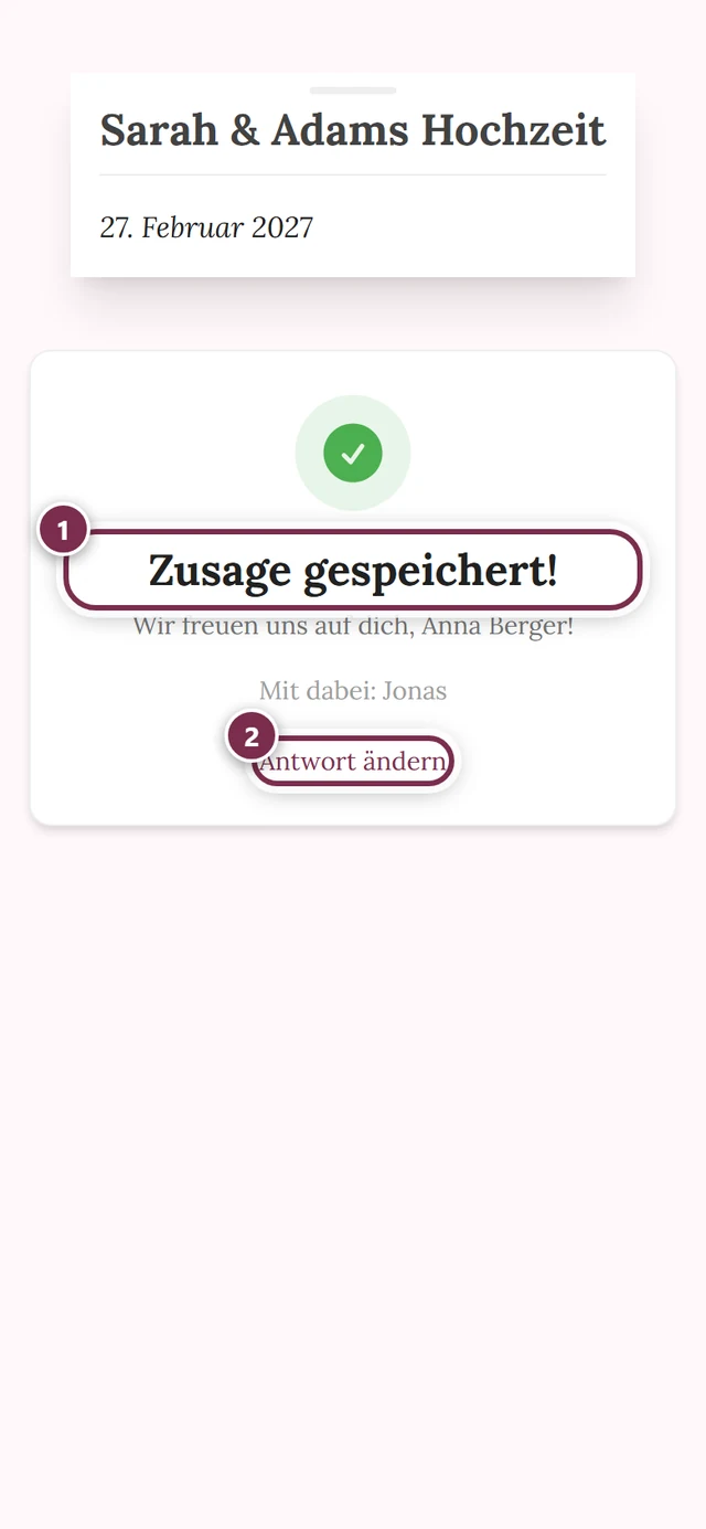 Bestätigungsseite mit der Überschrift Zusage gespeichert und dem Knopf Antwort ändern