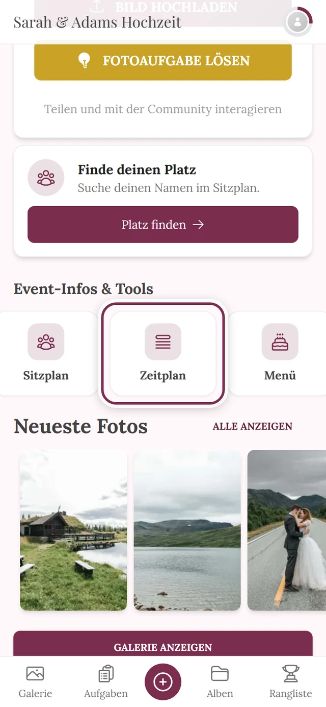 Event-Startseite mit hervorgehobener Kachel Zeitplan in der Tool-Leiste