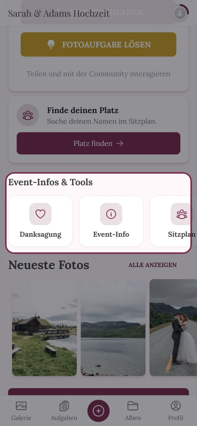 Event-Startseite mit der hervorgehobenen Leiste Event-Infos und Tools