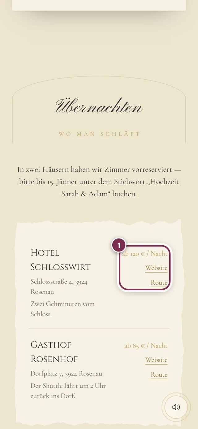 Abschnitt Übernachten mit zwei Häusern und dem Ring um Preis, Website und Route beim ersten Haus