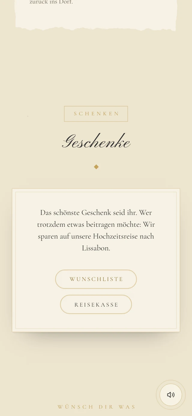 Abschnitt Geschenke mit einem Text und zwei Schaltflächen Wunschliste und Reisekasse