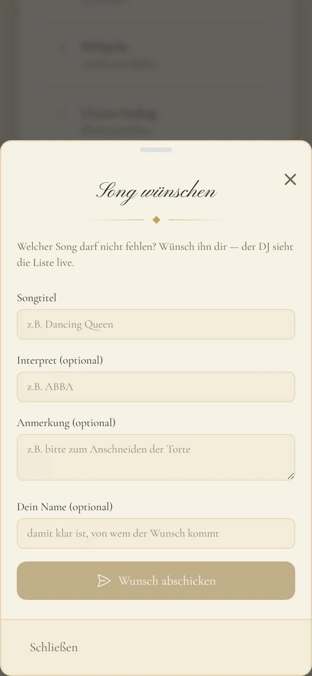 Fenster Song wünschen in der Einladung mit den Feldern Songtitel, Interpret, Anmerkung und Dein Name
