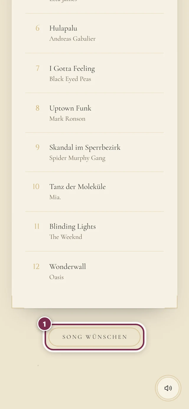 Abschnitt Unsere Playlist in der Einladung mit nummerierter Songliste und dem Knopf Song wünschen
