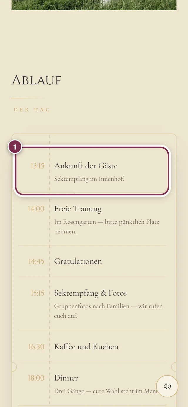 Abschnitt Ablauf mit einer Zeitleiste und dem Ring um den ersten Programmpunkt
