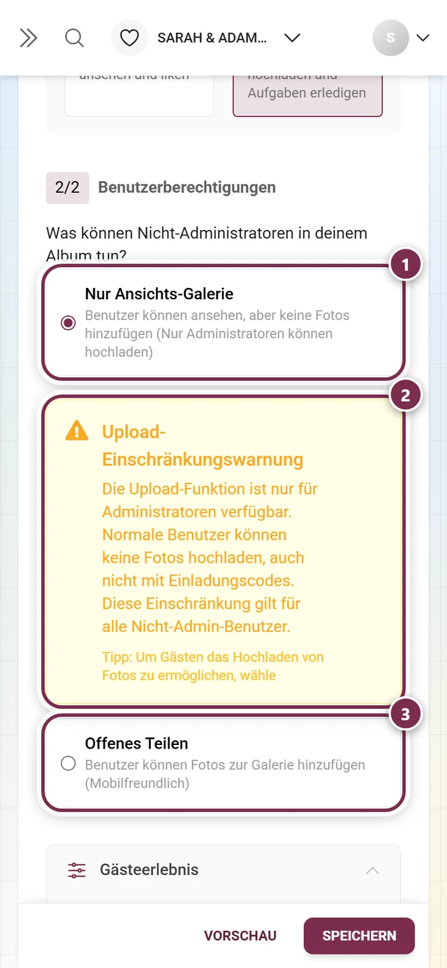 Abschnitt Benutzerberechtigungen mit gewählter Option Nur Ansichts-Galerie und der gelben Upload-Einschränkungswarnung