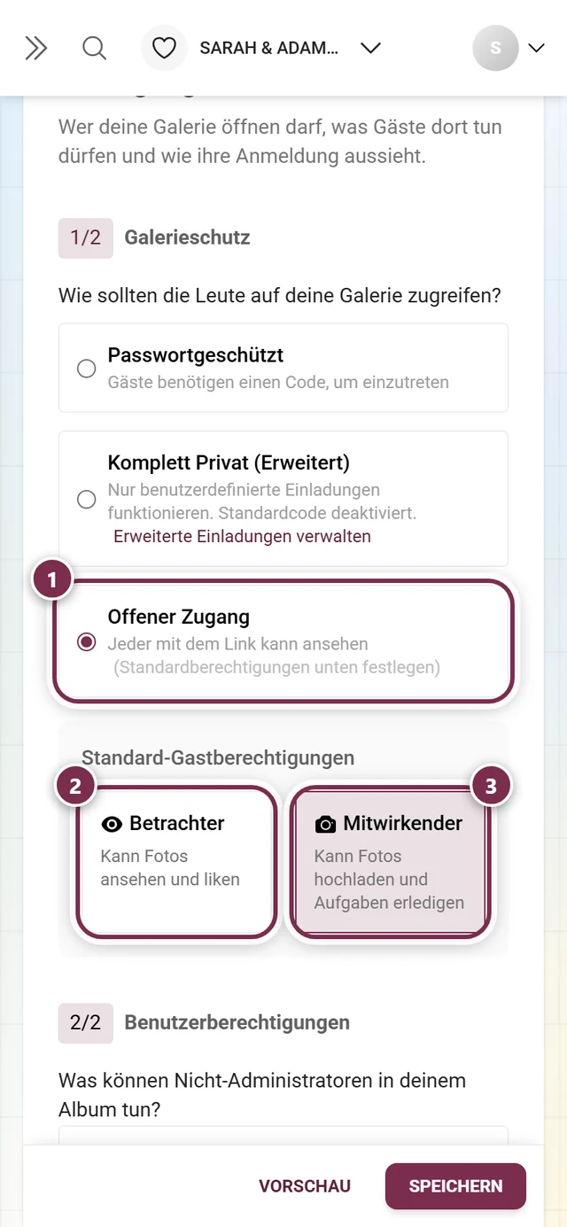 Galerieschutz mit gewählter Option Offener Zugang und den Kacheln Betrachter und Mitwirkender