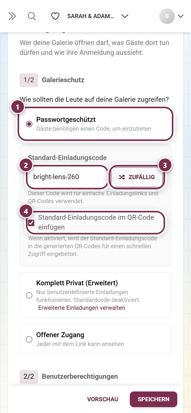 Galerieschutz mit gewählter Option Passwortgeschützt, Feld Standard-Einladungscode, Knopf Zufällig und Häkchen für den QR-Code