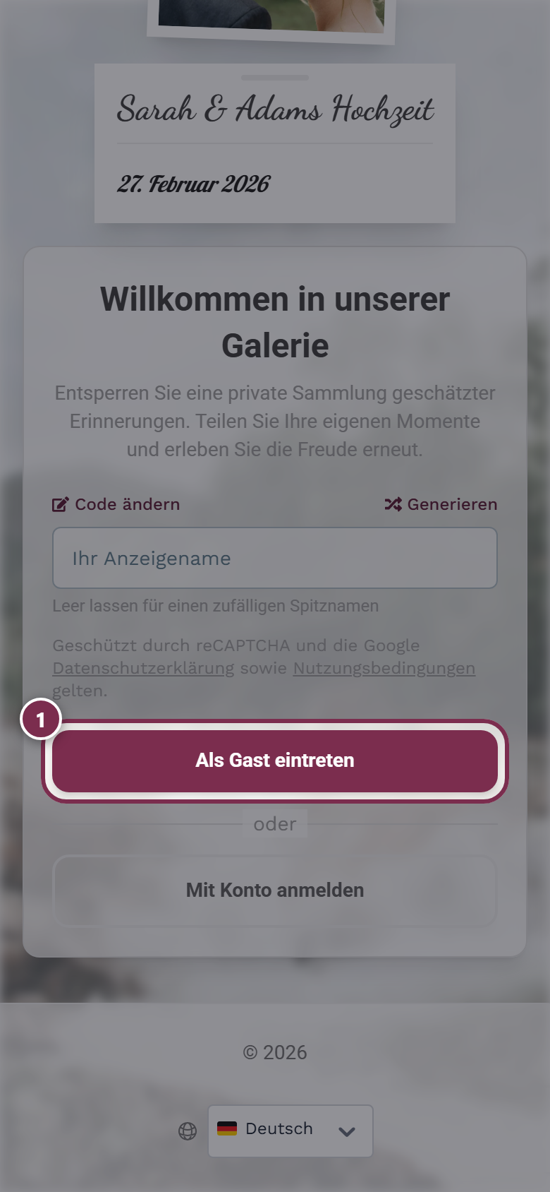 Eingabefeld für den Anzeigenamen mit markiertem Als Gast eintreten Button