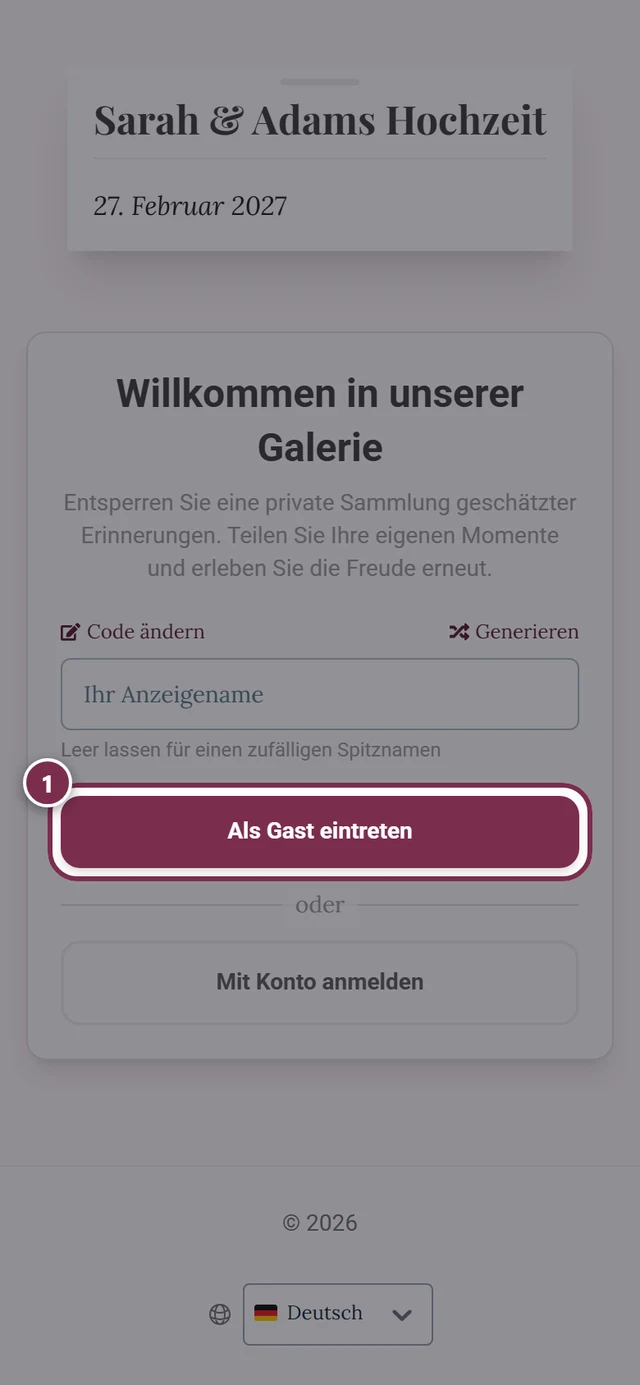 Eingabefeld für den Anzeigenamen mit markiertem Als Gast eintreten Button