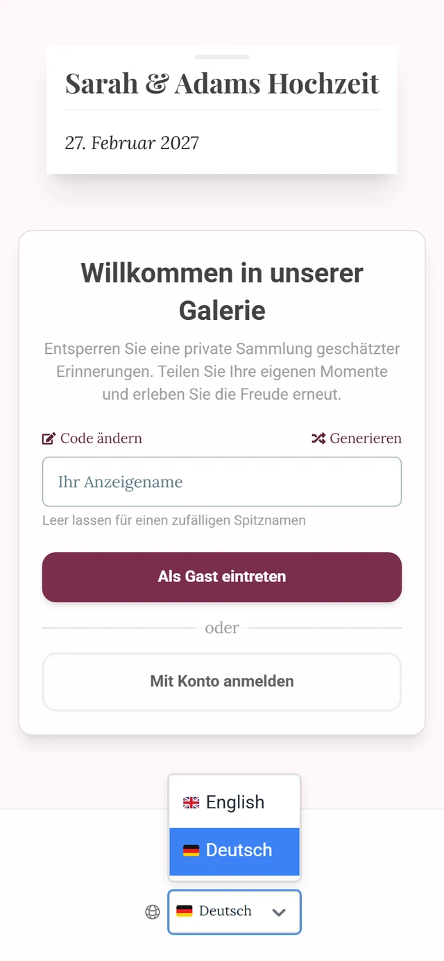 Fußzeile der Beitritts-Seite mit Globus-Symbol und aufgeklappter Sprachliste