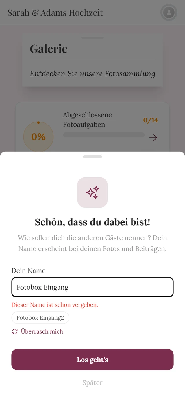 Derselbe Dialog mit dem roten Hinweis Dieser Name ist schon vergeben und dem Vorschlag Fotobox Eingang2 darunter
