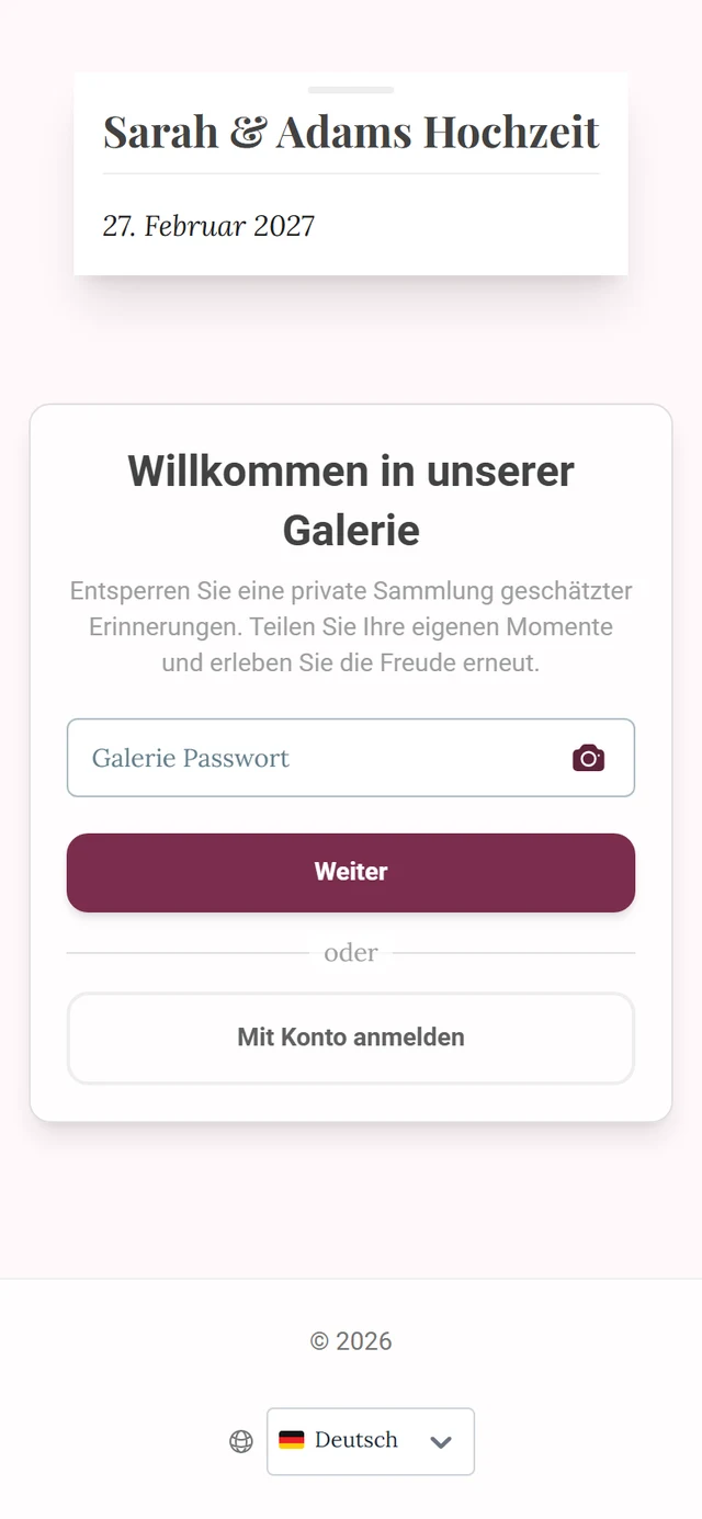 Willkommensbildschirm mit dem Feld Galerie Passwort, einem Kamera-Symbol darin und dem Knopf Weiter