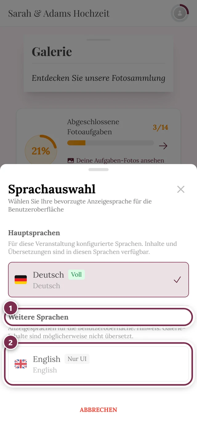 Sprachauswahl-Dialog, die Gruppe Weitere Sprachen und ein Eintrag mit dem Abzeichen Nur UI sind markiert