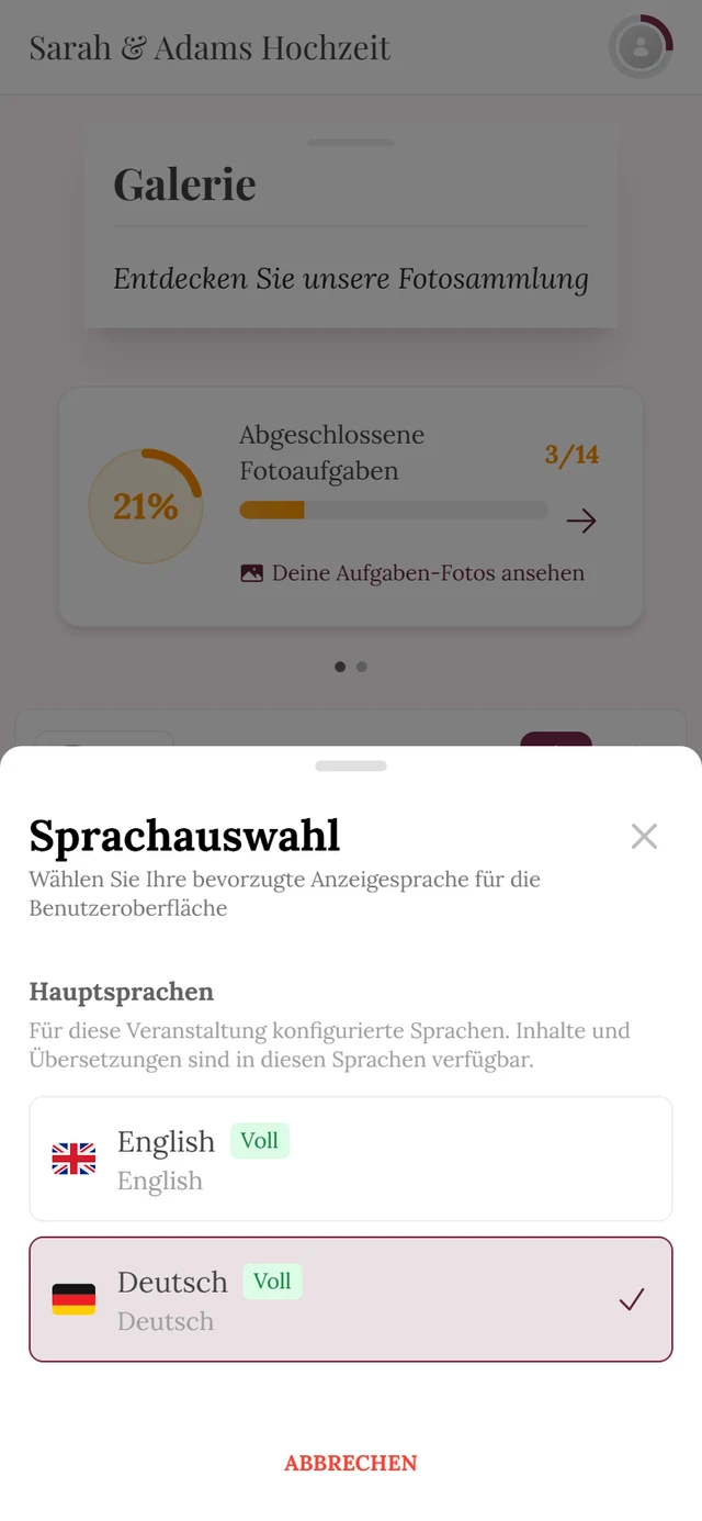 Dialog Sprachauswahl mit Hauptsprachen, Voll-Abzeichen und Häkchen bei der aktiven Sprache