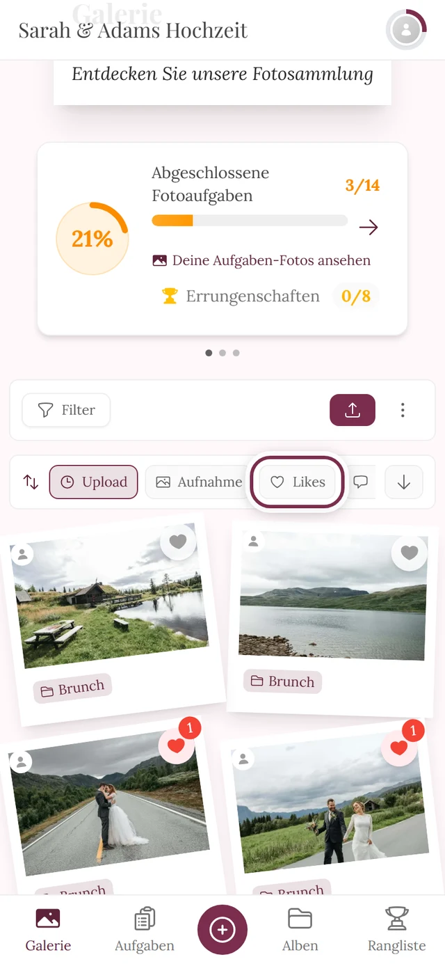 Sortierleiste über der Galerie, die Sortierung Likes ist markiert