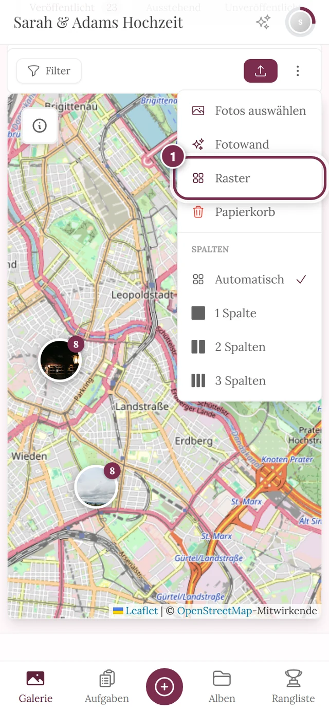 Kartenansicht mit markiertem Raster-Knopf