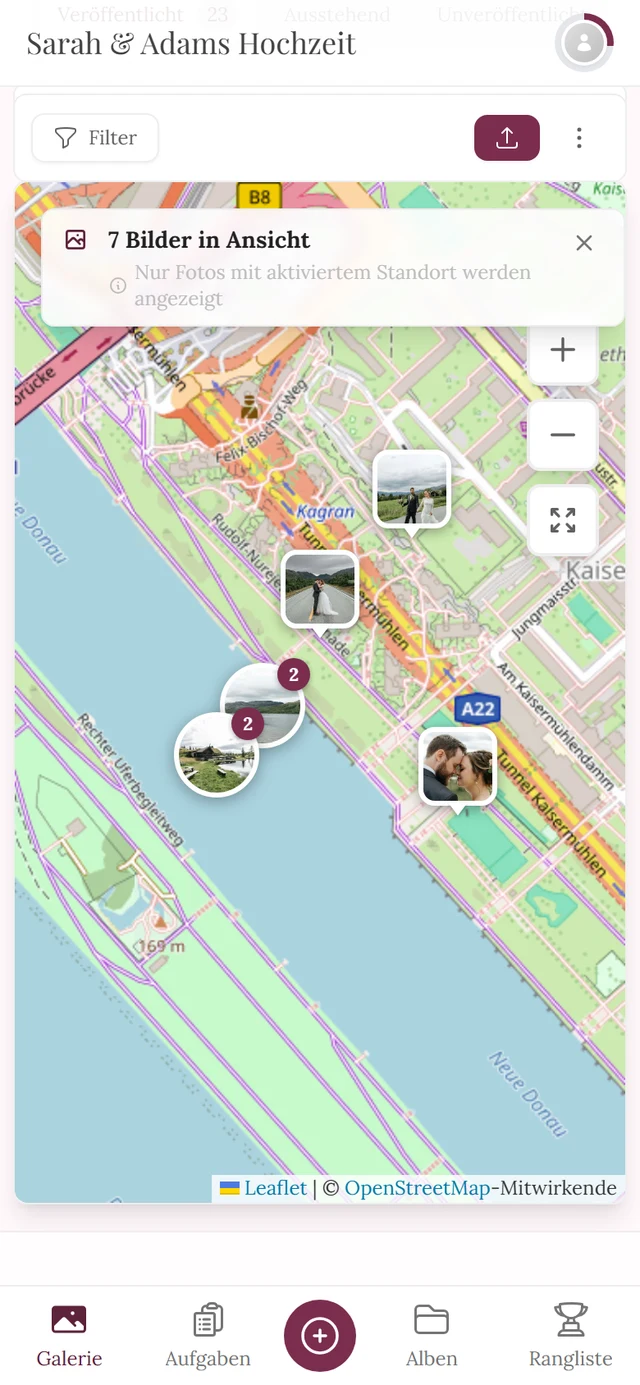 Aufgeklappte Info-Karte oben links mit der Anzahl der Bilder in Ansicht