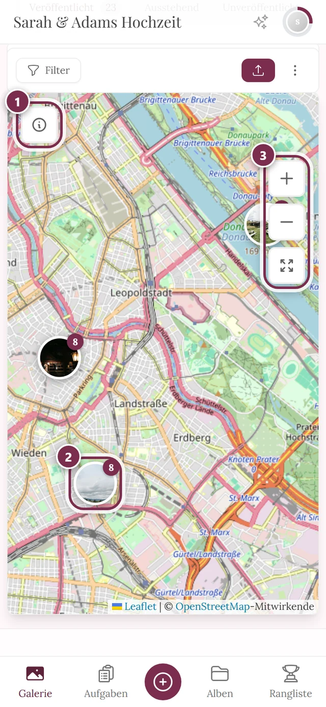 Kartenansicht mit drei Markierungen: Info, Foto-Gruppe, Zoom