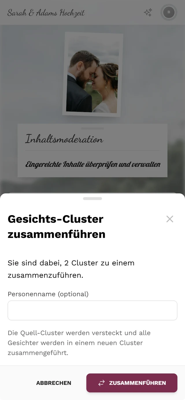 Dialog Gesichts-Cluster zusammenführen mit der Anzahl der Cluster, dem Feld Personenname (optional) und den Schaltflächen Abbrechen und Zusammenführen