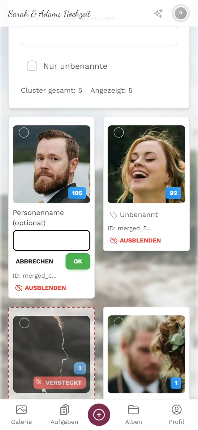 Cluster-Kachel im Umbenennen-Modus mit dem Feld Personenname (optional) sowie den Schaltflächen Abbrechen und OK