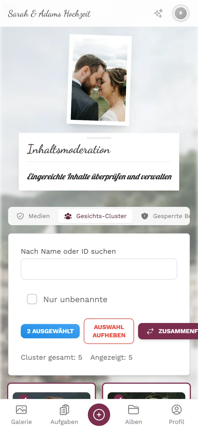Zwei angehakte Cluster-Kacheln und darüber die Leiste mit 2 ausgewählt, Auswahl aufheben und Zusammenführen