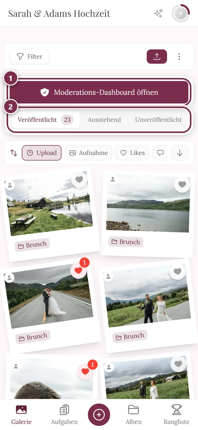 Moderations-Panel am Handy mit dem Knopf Moderations-Dashboard öffnen und dem Statusfilter