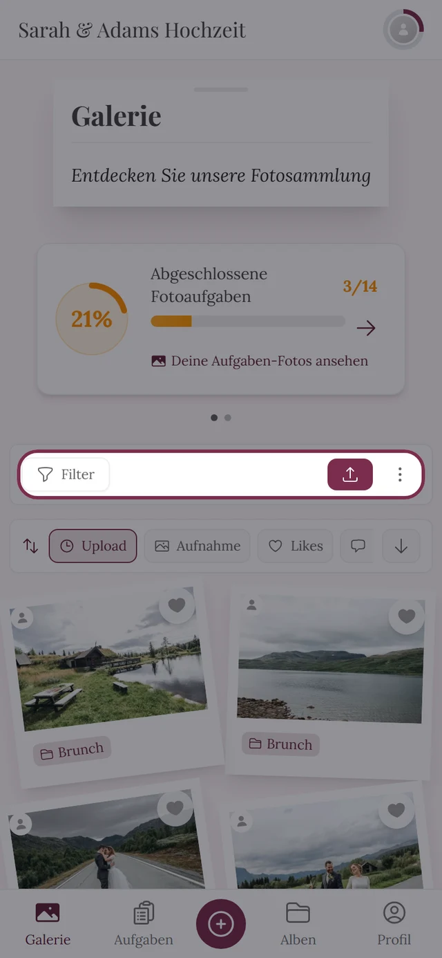 Galerie-Werkzeugleiste mit Filter, Hochladen, Auswählen, Fotowand und Karte