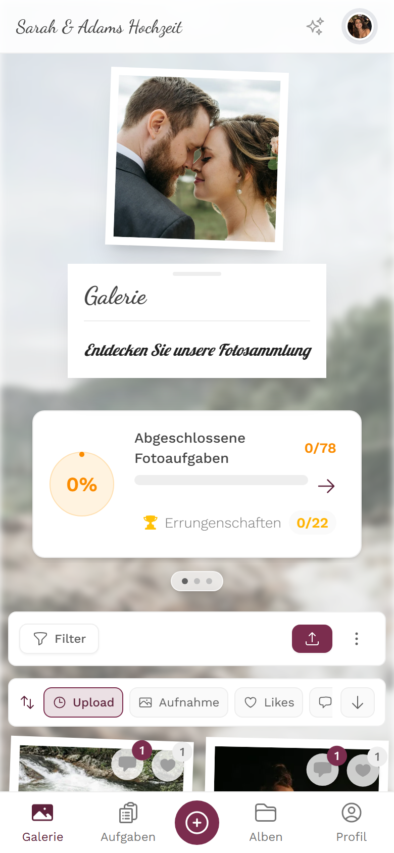 Untere Navigationsleiste am Handy mit großem Upload-Knopf in der Mitte