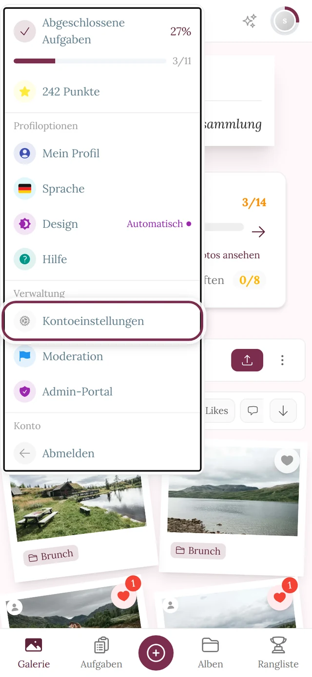 Profilmenü oben rechts, der Eintrag Kontoeinstellungen ist markiert