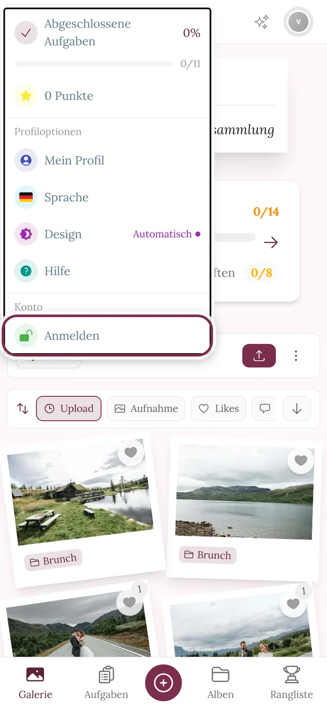 Profilmenü oben rechts geöffnet, der Eintrag Anmelden ist markiert