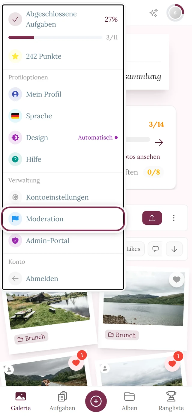 Geöffnetes Profilmenü oben rechts, der Eintrag Moderation ist markiert