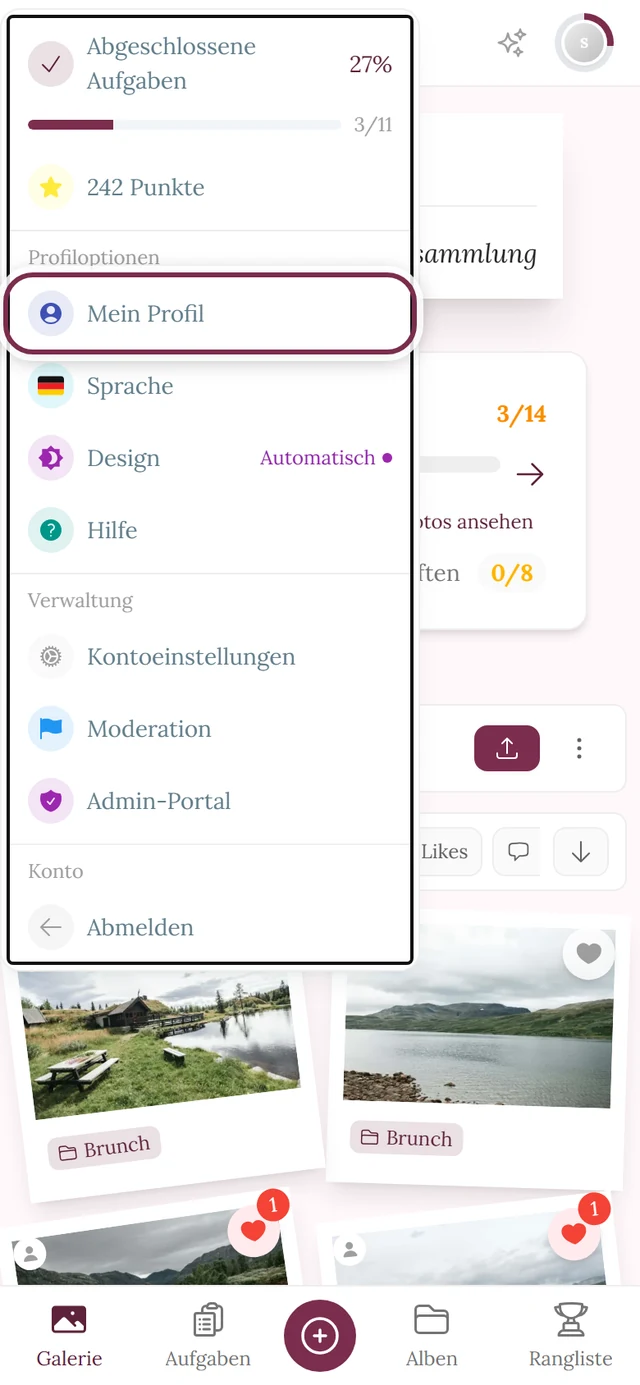 Profilmenü oben rechts geöffnet, der Eintrag Mein Profil ist markiert