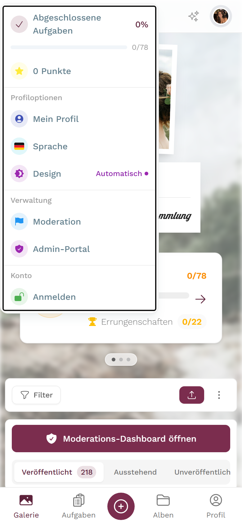 Geöffnetes Profil-Menü oben rechts mit Profiloptionen und Verwaltung
