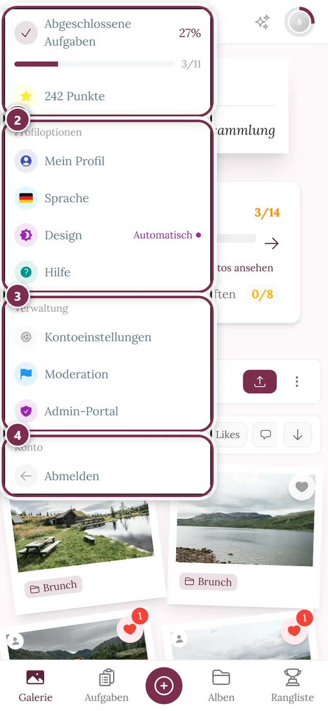 Profilmenü rechts oben mit dem Bereich Verwaltung und Admin-Portal