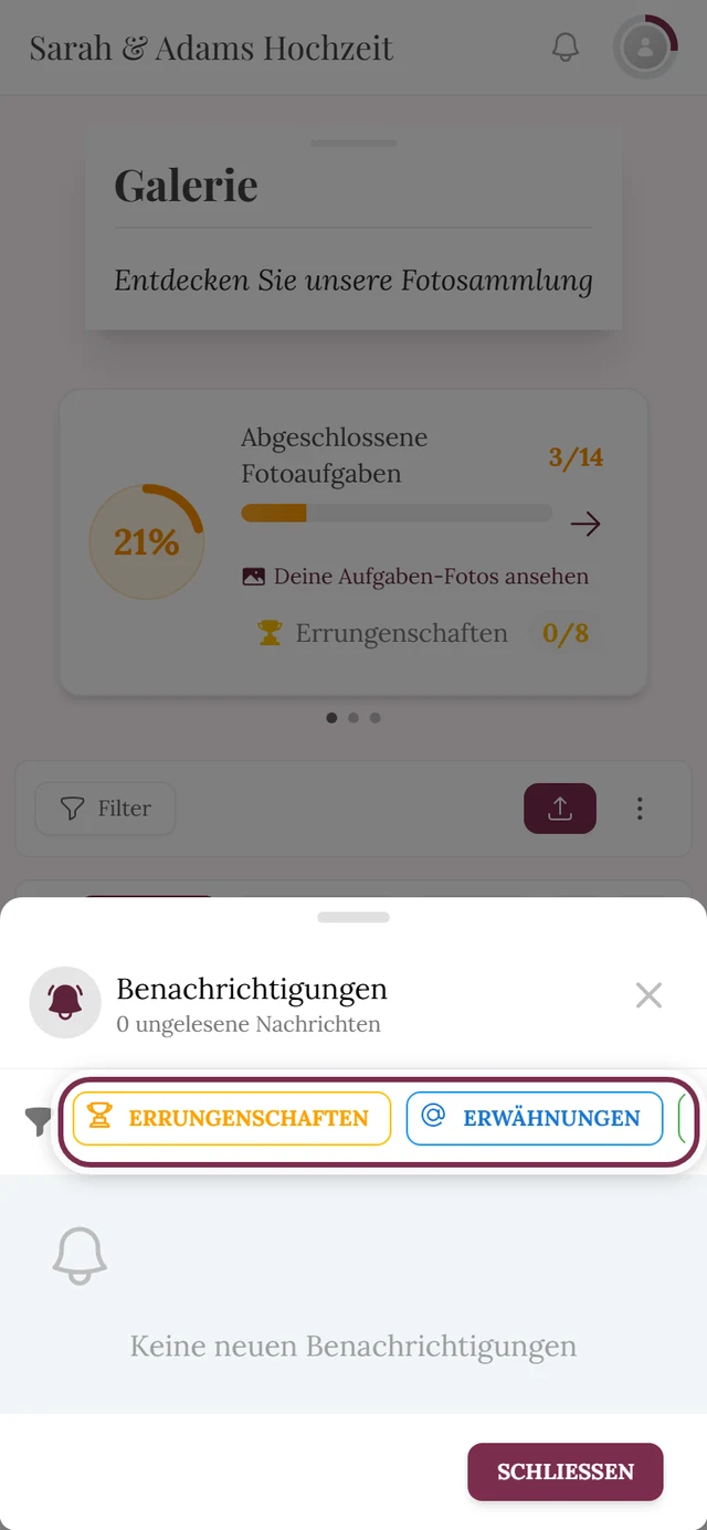 Geöffnetes Benachrichtigungs-Menü, die Filterleiste mit den Typ-Chips ist markiert