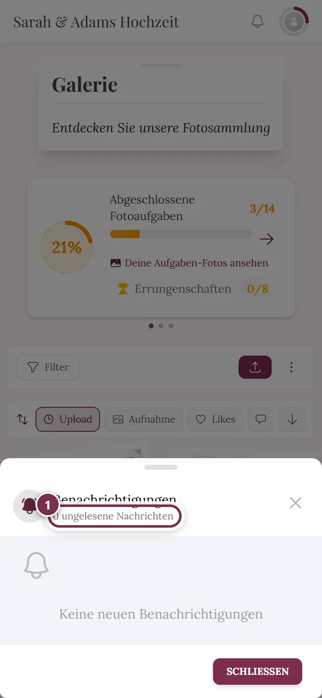 Geöffneter Benachrichtigungs-Dialog, die Zeile mit den ungelesenen Nachrichten ist markiert