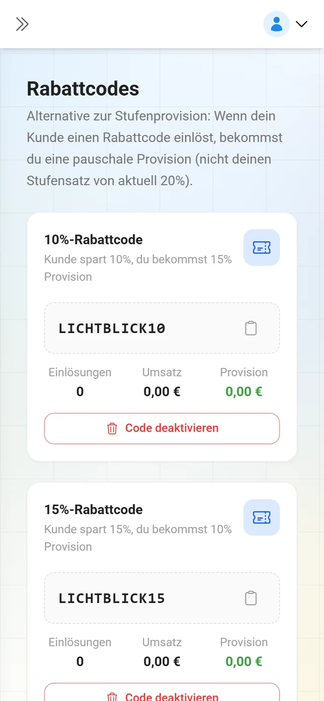 Übersicht der Rabattcodes eines Partners