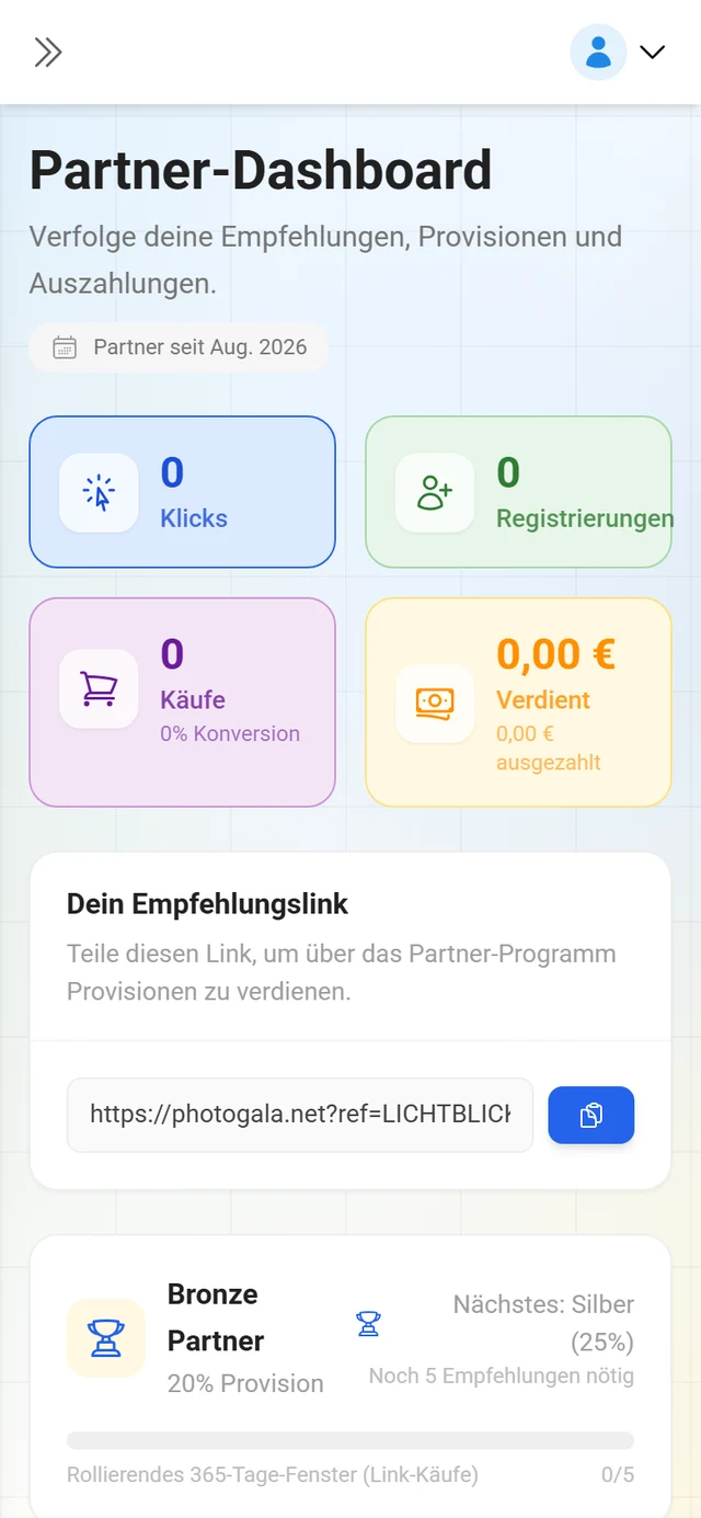 Affiliate-Dashboard mit Kennzahlen und Empfehlungslink