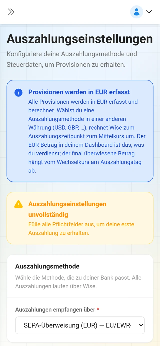 Auszahlungseinstellungen und Steuerdaten im Partner-Portal
