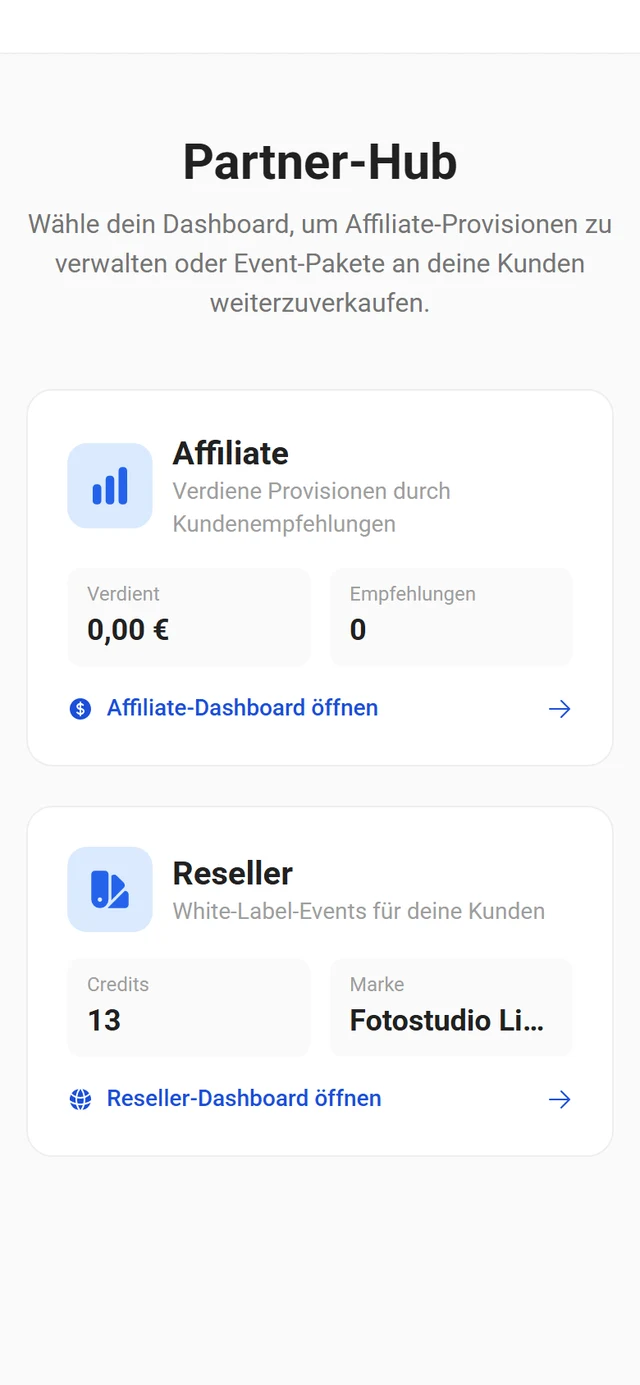 Partner-Portal mit der Auswahl zwischen Affiliate und Reseller