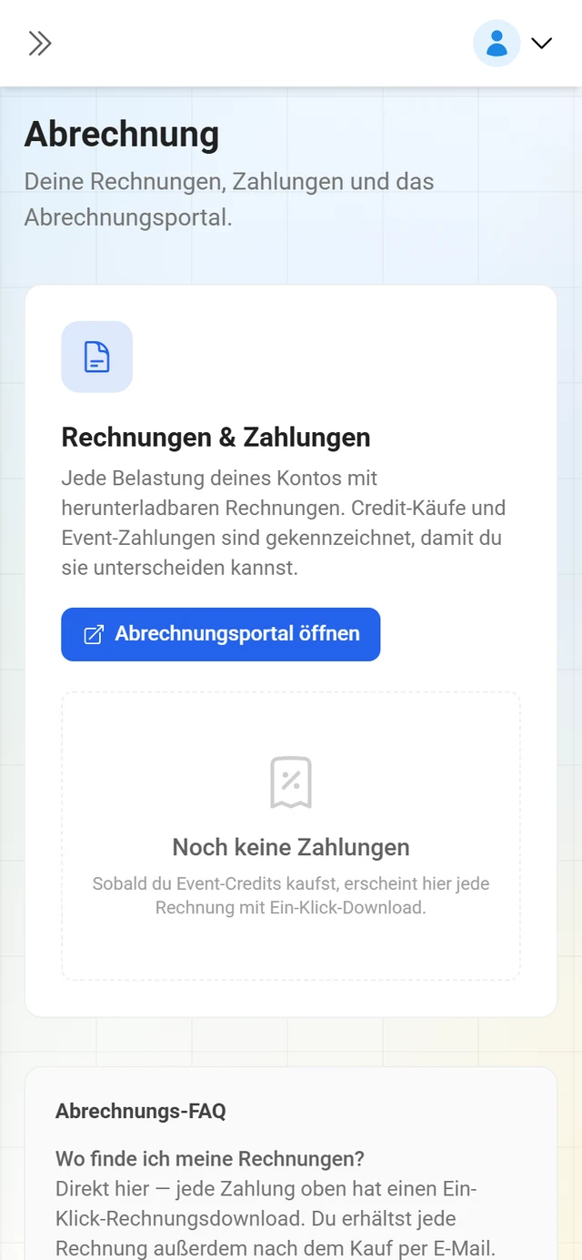 Seite Abrechnung mit der Liste Rechnungen & Zahlungen