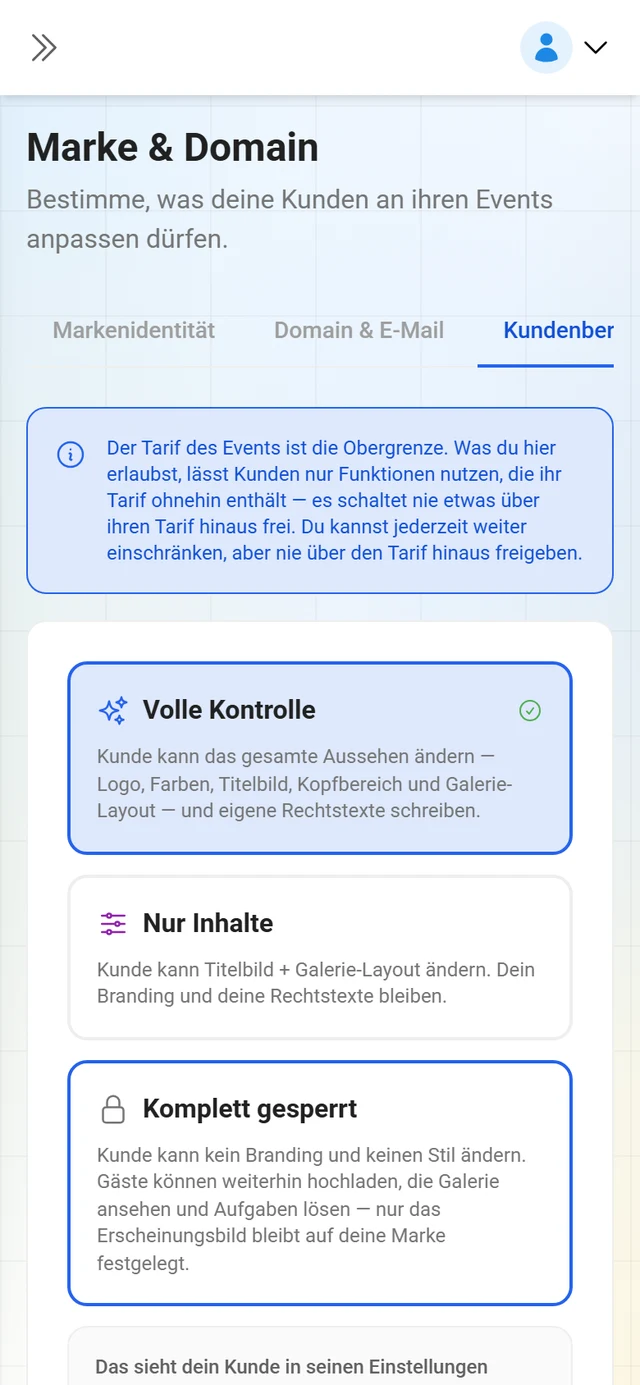 Reiter Kundenberechtigungen mit den Schaltern je Bereich