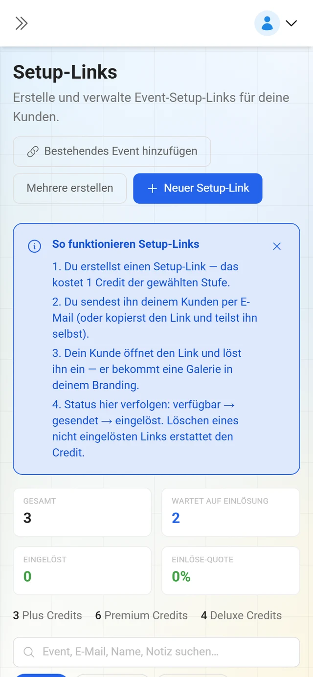 Seite Setup-Links mit Kennzahlen und Liste der Keys