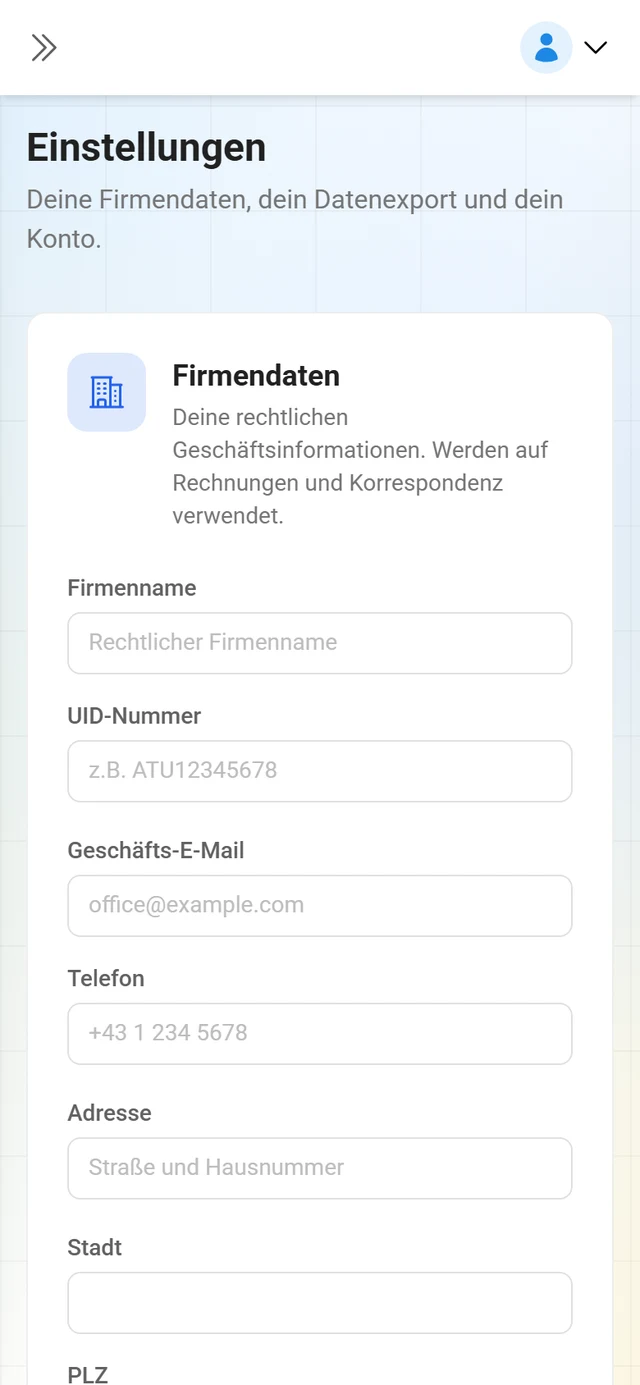 Seite Einstellungen mit dem Formular Firmendaten