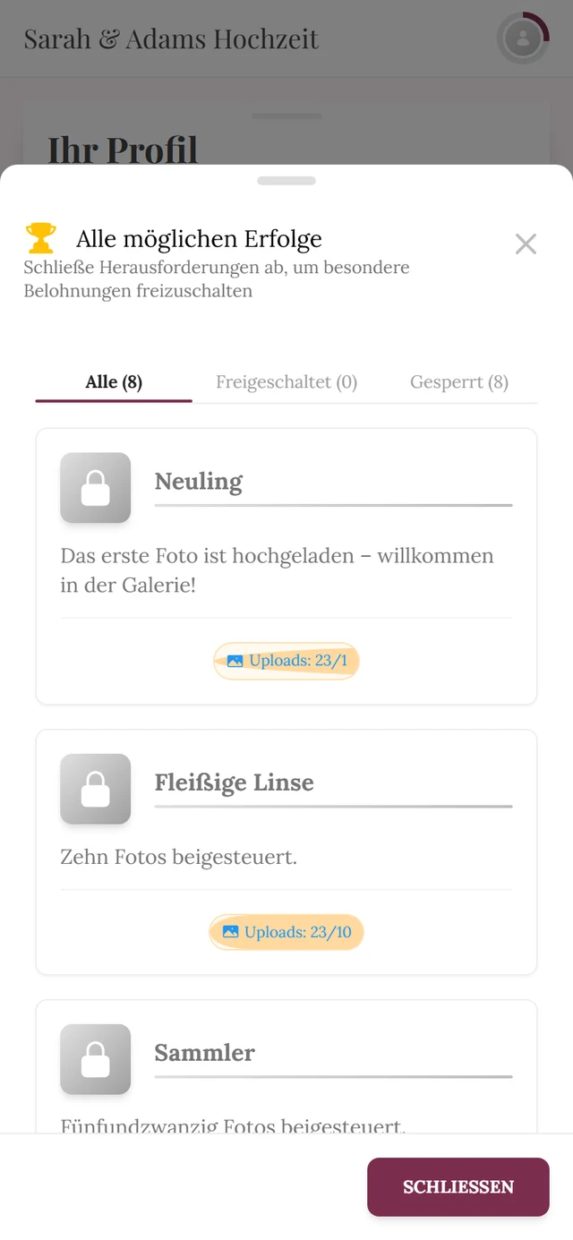 Dialog Alle möglichen Erfolge mit den Reitern Alle, Freigeschaltet und Gesperrt