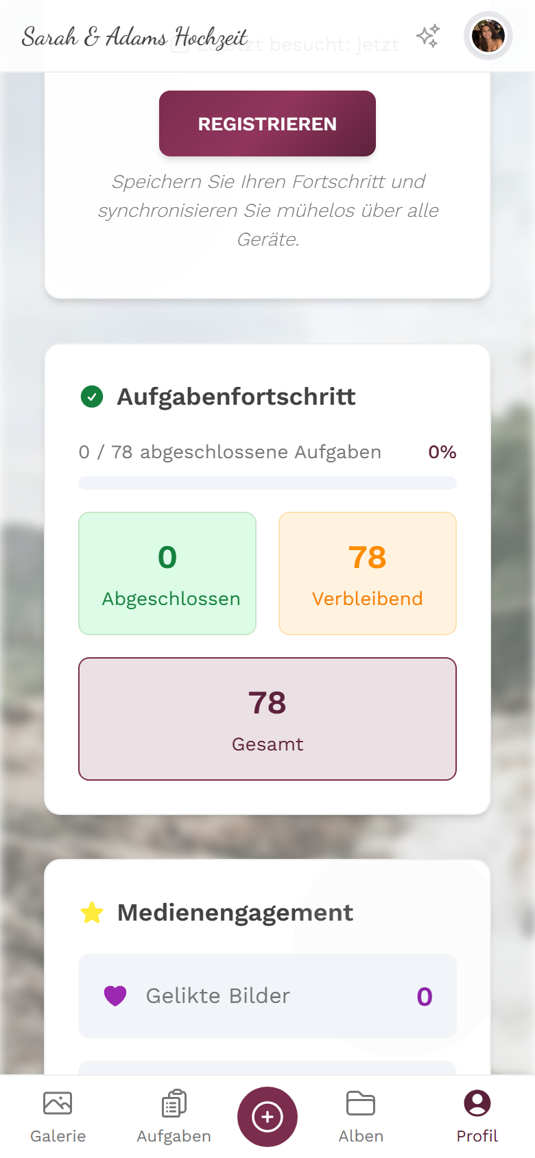 Aufgaben-Fortschritt mit Fortschrittsbalken und vier Kacheln